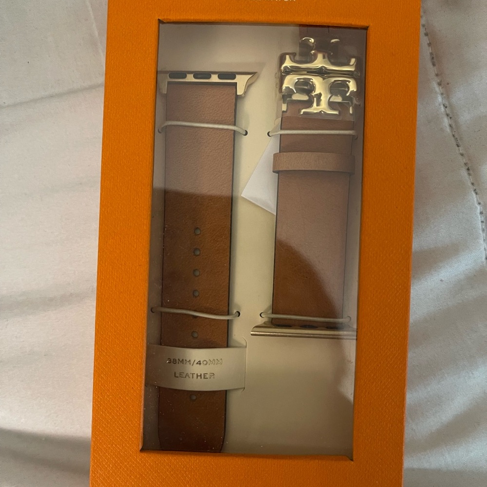 Tory Burch Brown Leather Apple Watch Band with Gold Hardware